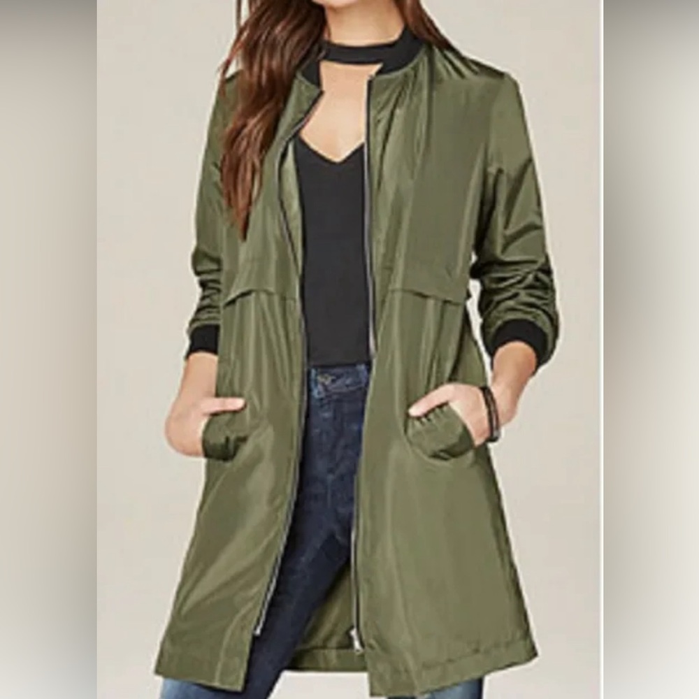Bebe Olive Long Bomber Jacket, Size XS